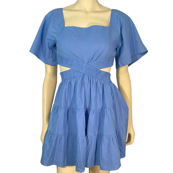 3-FOR-$30 Shy Velvet Sz S Crossover Dress On/Off Shoulder Cut Out Waist Blue New - Picture 1 of 12